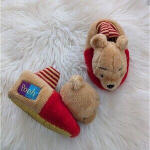 Vintage 1990s Y2K Disney Pooh Red Tan Pooh Bear Slippers Kids 5-6 S Small